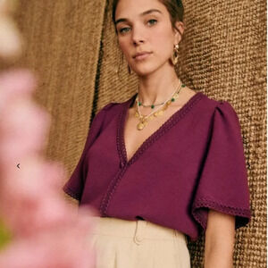 Sezane Tina Blouse Shirt Top Short Sleeve V-Neck Plum Purple Size 38 US Medium 6